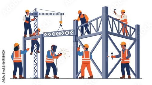 Construction Crew At Work: A team of construction workers diligently collaborates on a structural project, focused on the erection of a building with crane, safety and precision.
