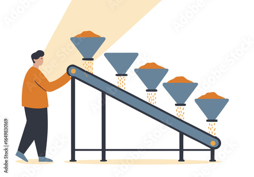 A man operates a conveyor belt feeding into multiple containers. A clean, modern illustration depicting a check feed process. Flat design, bright colors.
