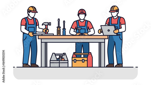 Craftsmen at Work: A collaborative workshop scene depicts skilled craftsmen engaged in their tasks, surrounded by their tools and equipment, representing teamwork and the art of construction.