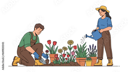 Cultivating Joy: A duo tending to a vibrant garden filled with colorful blooms, embracing the beauty of nature and the rewards of nurturing life.