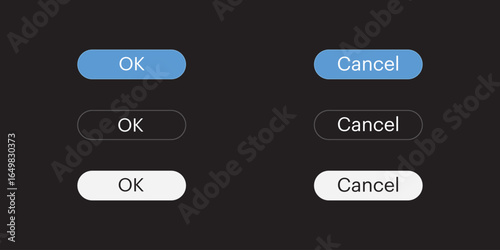 High-quality vector set featuring simple and elegant UI buttons labeled “OK” and “Cancel” in a clean, sans-serif font. The design uses shades of blue and white on a dark background for a sleek and mod