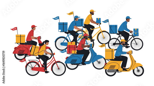 Delivery Fleet: A vibrant illustration captures a fleet of delivery couriers on various bicycles and scooters, navigating urban streets and symbolizing fast, reliable service. 