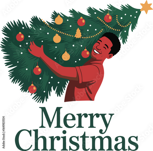 Man carrying christmas tree silhouette vector illustration design