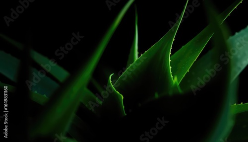 Intense close up of vibrant green aloe plant leaves with a dark backdrop highlighting their unique texture