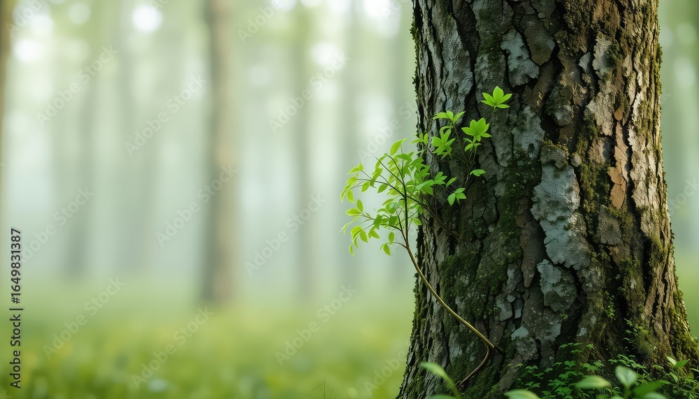 Obraz premium Close-up view of a mature tree with a young sprout growing on its side in a tranquil forest setting