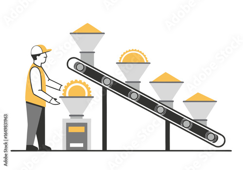 A worker monitors a conveyor belt feeding materials into a system. Industrial, detailed illustration. Modern, clean design. 
