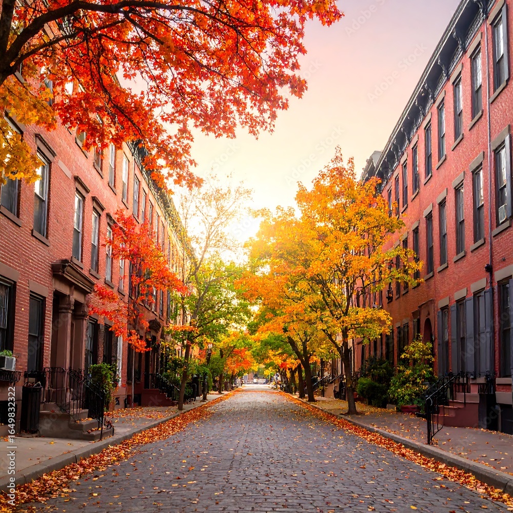 Fototapeta premium Autumnal city street lined with colorful trees