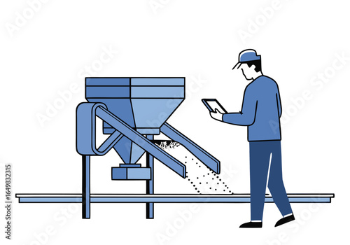 A worker inspects a feed system with a tablet, showcasing quality control in a manufacturing setting. Clean lines and a modern aesthetic. 
