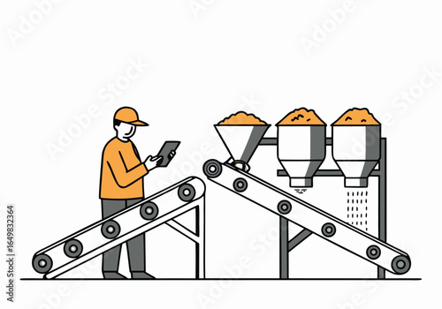 A worker monitors a conveyor belt system with two feed chutes, checking the flow of material. Clean, modern illustration style. 
