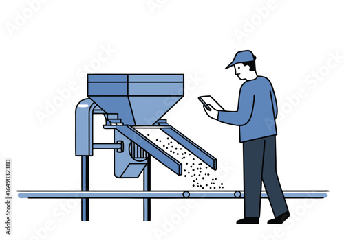A worker inspects a feed system with a tablet, showcasing quality control in a manufacturing setting. Clean lines and a modern aesthetic. 
