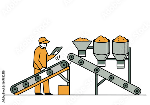 A worker monitors a conveyor belt system with two feed chutes, checking the flow of material. Clean, modern illustration style. 
