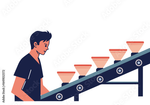 A man oversees a conveyor belt feeding bowls. Clean, modern illustration with a focus on process and efficiency. Bright, pastel colors. 

