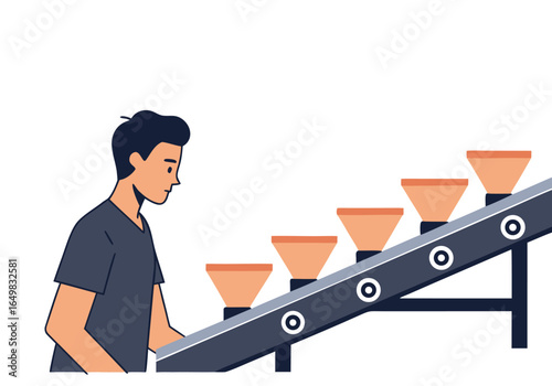 A man oversees a conveyor belt feeding bowls. Clean, modern illustration with a focus on process and efficiency. Bright, pastel colors. 
