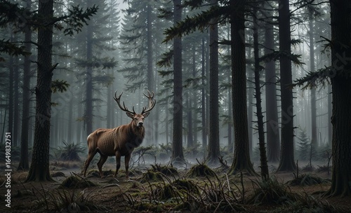 deer in the woods, a deer lives in a very dark forest