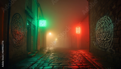 Mysterious Foggy Celtic Alleyway at Night: Red and Green Neon Signs, Cobblestone Street, Intricate Knotwork Murals.