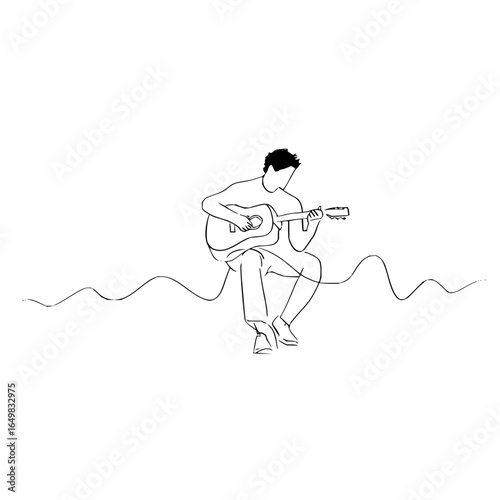 Line art drawing of a man with a guitar sitting and playing music with a wavy line in the background