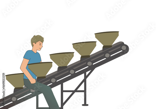 A man oversees a conveyor belt feeding into multiple containers. A clear, modern illustration depicting industrial process management. Focus on the action and organized workflow.