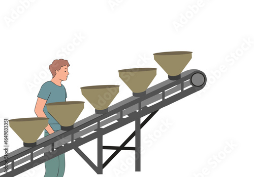 A man oversees a conveyor belt feeding into multiple containers. A clear, modern illustration depicting industrial process management. Focus on the action and organized workflow.