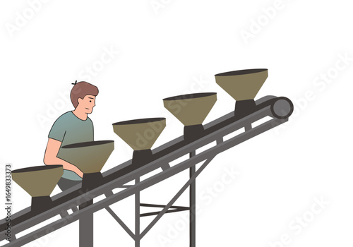 A man oversees a conveyor belt feeding into multiple containers. A clear, modern illustration depicting industrial process management. Focus on the action and organized workflow.