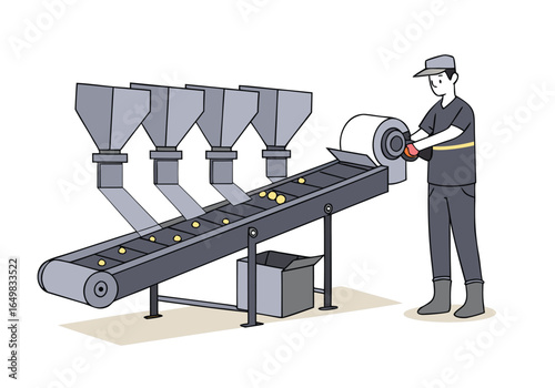 A worker monitors a test feed machine on a conveyor belt, ensuring quality control. Clean, industrial setting with multiple chutes. Professional, focused.