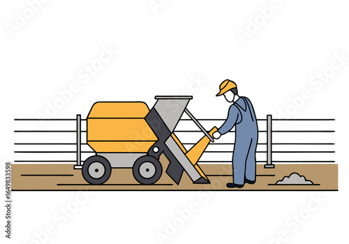A worker operates a road paving machine, inspecting the work. Clean, graphic illustration style. Focus on construction and infrastructure. 
