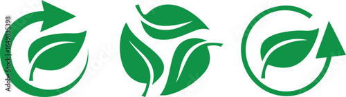 Green leaf and arrow icons for biodegradable recyclable organic bio labels package, recyclable and bio degradable package stamps, set recycle leaves label logo, leaf recycle, using recycled resources