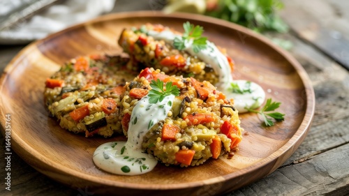 Quinoa aux légumes (carottes, courgettes et poivrons rouges) cuits sous forme de côtelettes cuites au four. Servi avec une sauce au yogourt.