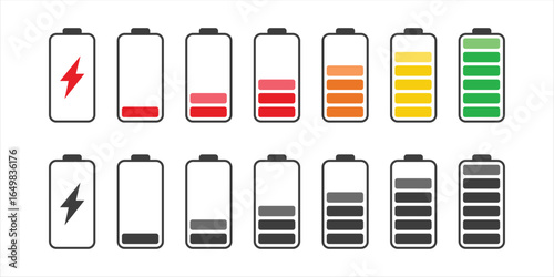 Vector set of battery charge level icons, from fully charged to empty. Ideal for apps, websites, UI design, and digital projects. Available in AI, EPS, formats for maximum usability. 