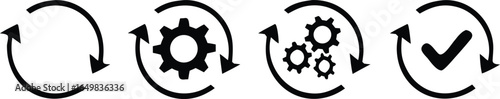 Sync process, icon reload set, circle arrow with gear wheel, recycling recurrence, renewal sync processing icons - stock vector 
