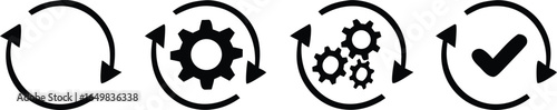Sync process, icon reload set, circle arrow with gear wheel, recycling recurrence, renewal sync processing icons - stock vector 

