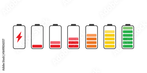Vector set of battery charge level icons, from fully charged to empty. Ideal for apps, websites, UI design, and digital projects. Available in AI, EPS  formats for maximum usability. Suitable 