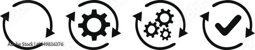 Sync process, icon reload set, circle arrow with gear wheel, recycling recurrence, renewal sync processing icons - stock vector 
