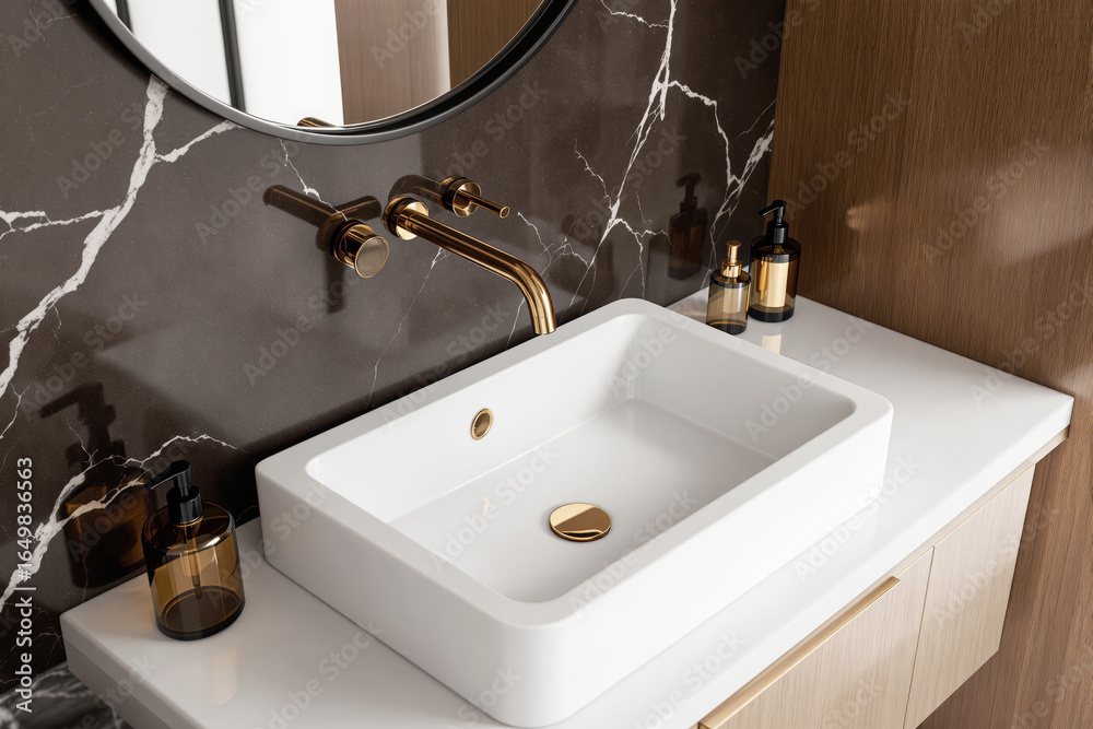 Fototapeta premium Modern bathroom interior with white rectangular sink, gold faucet and marble wall design concept on wooden vanity top in elegant minimalist style. Ai generative