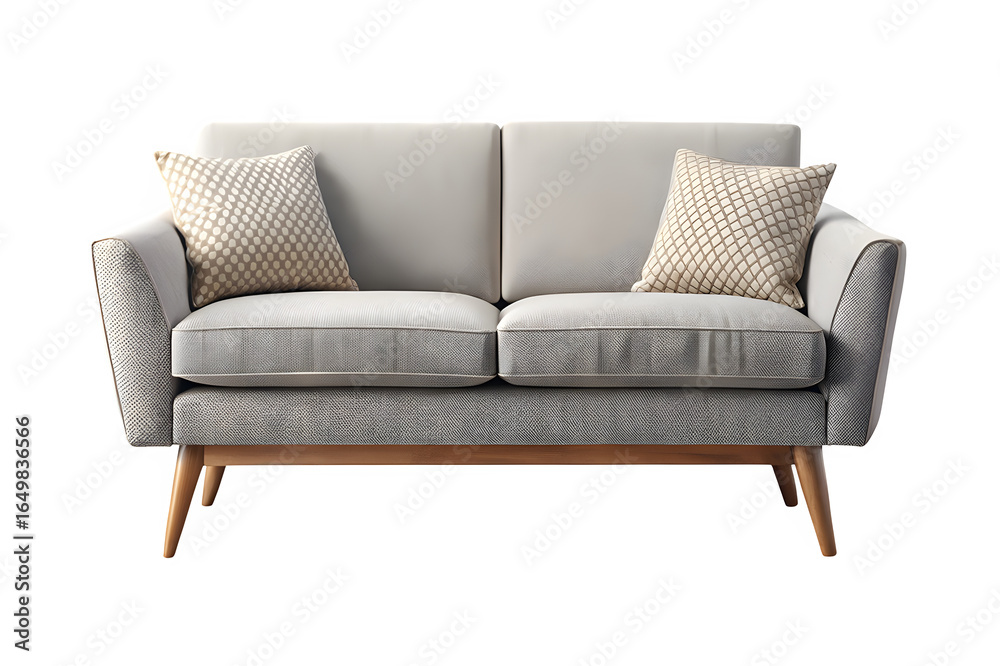 Fototapeta premium Modern light gray two seater sofa with pillows isolated on transparent background