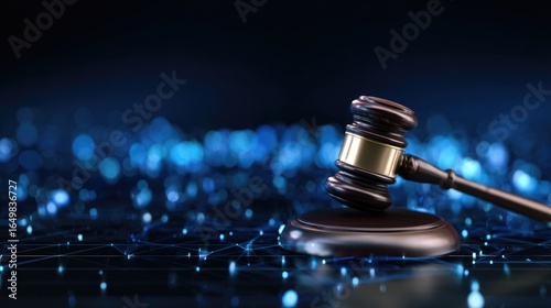 Wooden judge gavel resting on a dark blue abstract digital network with glowing connections, symbolizing legal technology, cybersecurity, and modern global justice.