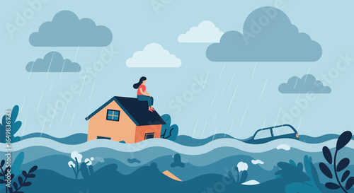 Flooded House and Storm with Woman on Roof Seeking Safety