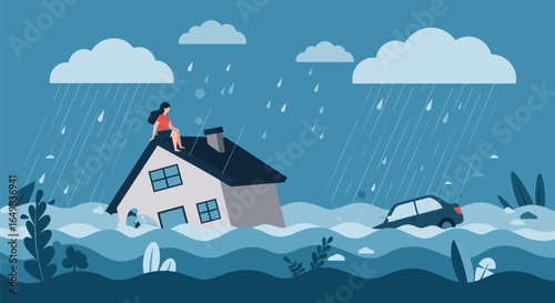 Flooded House and Storm with Woman on Roof Seeking Safety