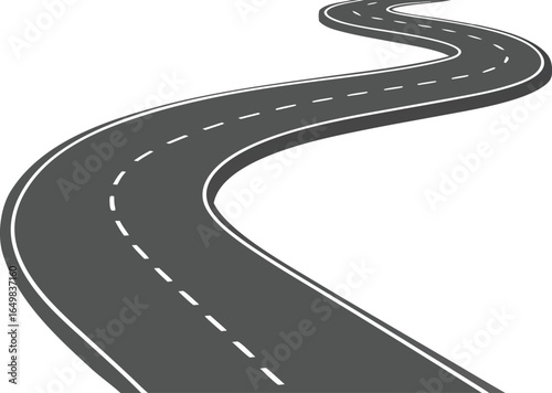 Winding road isolated on transparent background, curved road with white lines, bending traffic road to horizon in perspective, winding empty asphalt highway - stock vector