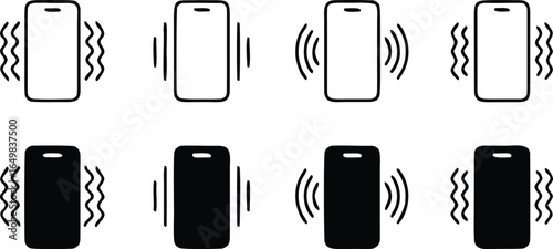 Phone vibration icon set, ringtone symbols, phone vibration signs in solid and line style 