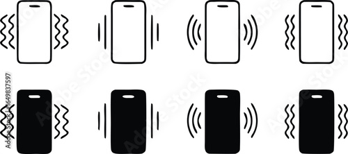Phone vibration icon set, ringtone symbols, phone vibration signs in solid and line style 