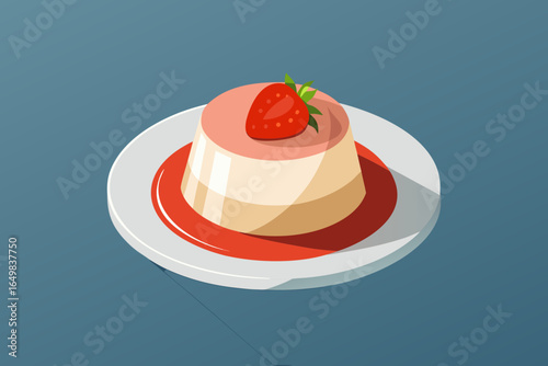 Panna cotta dessert with vibrant strawberry topping on a clean white plate, featuring a soft shadow and minimalistic background for a modern culinary presentation