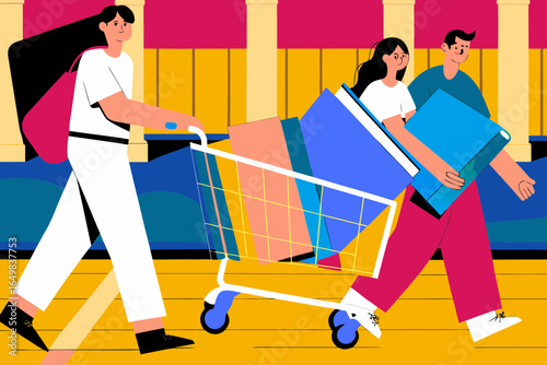 Parents pushing overloaded shopping cart filled with notebooks, pencils, and school supplies, preparing for back-to-school season in a vibrant shopping environment Back to School! concept