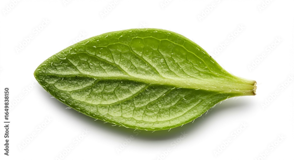 Fototapeta premium Close-up of a Fresh Green Thyme Leaf Isolated on White Background Showing Detailed Texture