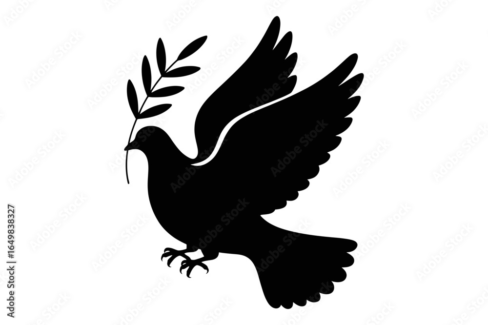 Fototapeta premium Silhouette of a dove in flight carrying an olive branch symbolizing peace and hope today