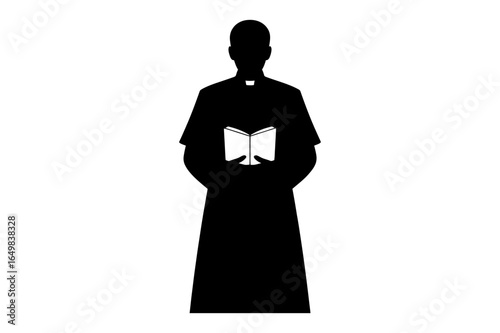 Silhouette of a priest in black robes holding a book with a white collar around his neck