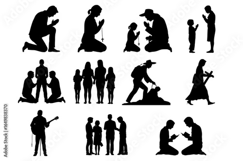 Silhouette illustrations showing people praying, reading, and holding a cross in black color