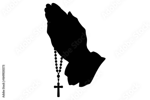 Silhouette of praying hands holding a rosary with a cross pendant against white backdrop