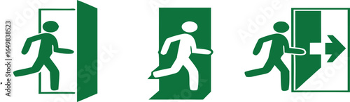 Green sign evacuation exit set icon, direction a safe area, fire exit, designations location emergency evacuation exit, quick and safe exit 

