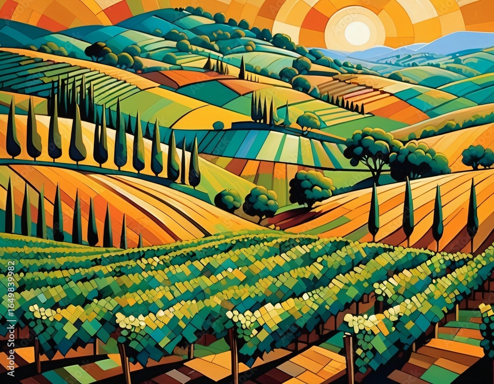 Obraz premium Abstract Mosaic of Rolling Hills and Vineyards at Sunset
