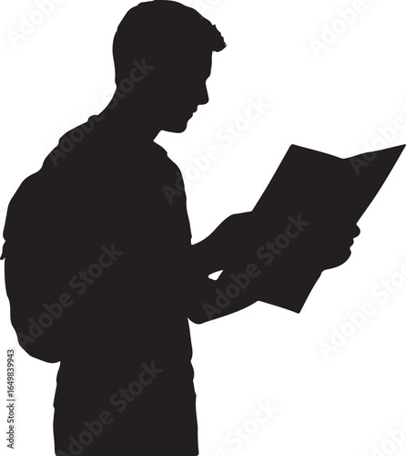 Black silhouette of a young man with a backpack looking at a map vector